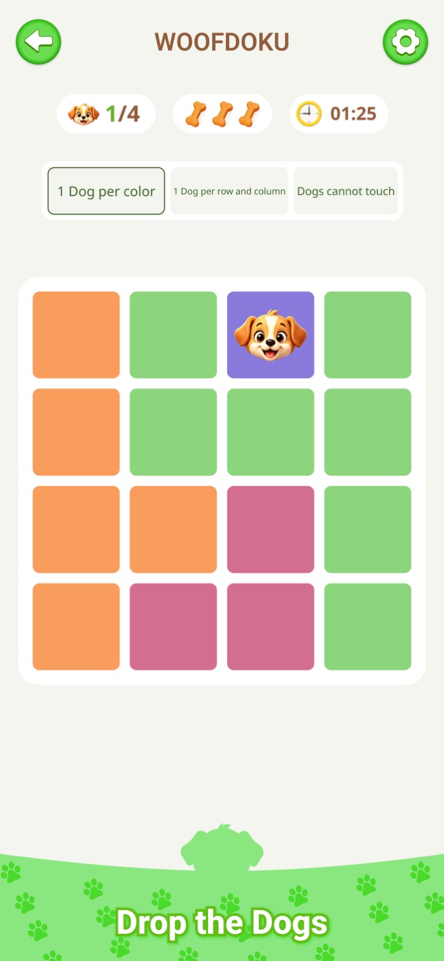 Colorful puppy logic grid in Woofdoku
